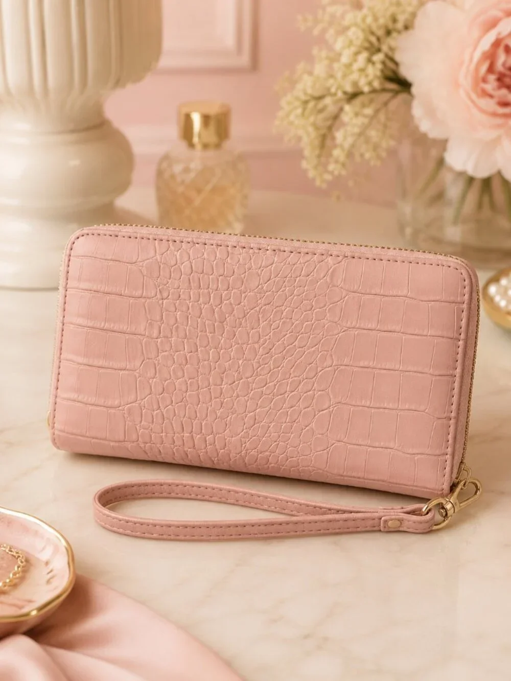 Betsey Johnson Pale Pink Croc Embossed Bow Wallet Wristlet NWT